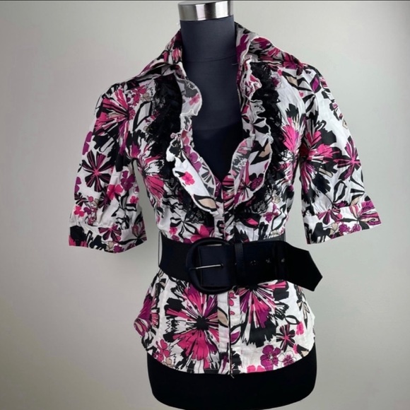 Bebe Floral Print Pink Multicolor Ruffle Layered Collar Belted V-Neck Blouse - Picture 1 of 11